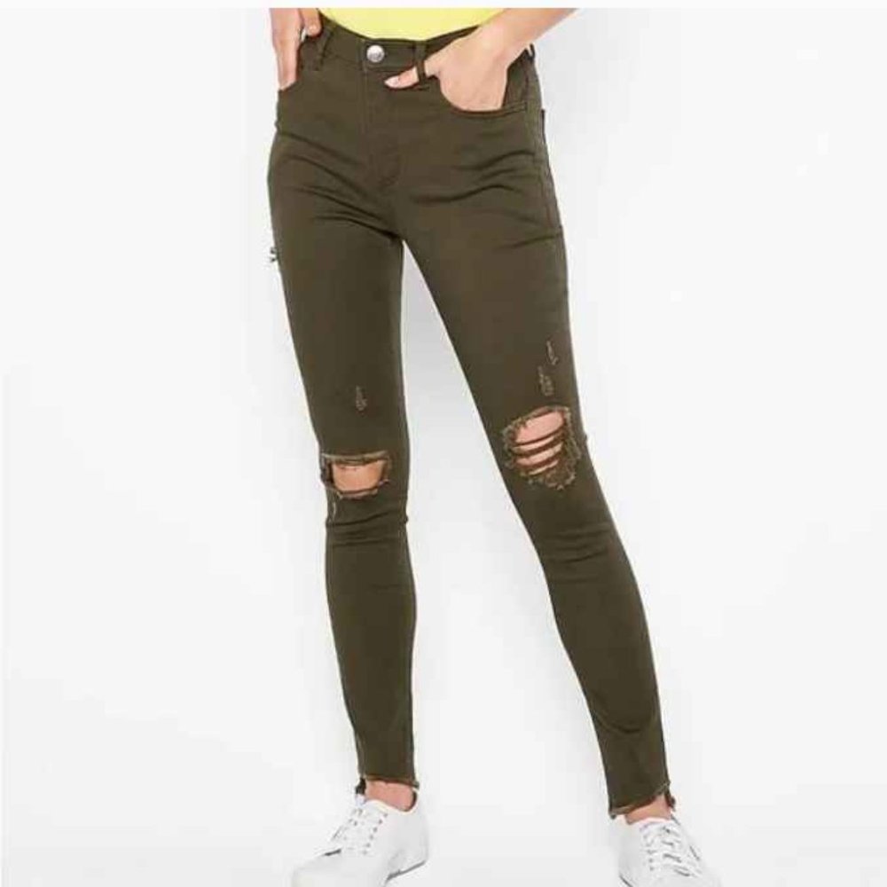 Express Distressed Super-Soft Jeans Olive Green Size 2R